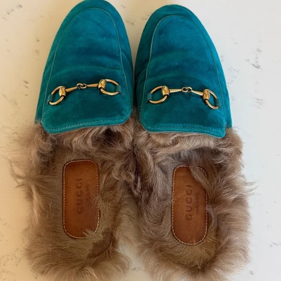 Gucci Princetown Fur Mules Color Teal Velvet Horsebit Slides Womens Size 36.5 - Picture 7 of 16